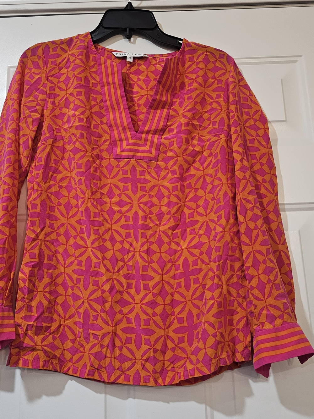 Trina Turk Pink & Orange Geometric Tunic 100% Silk Top Size Small {Bx27}